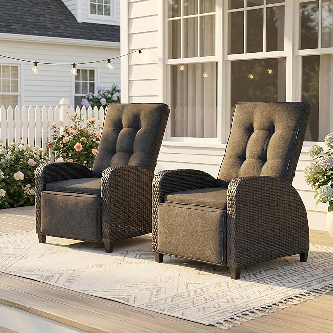 Green4ever 2-Peices Outdoor Patio Recliner with Adjustable Backrest, All-Weather Wicker Patio Chair with Side Table, 160° Lay Flat Patio Reclining Lounge Chair for Garden Backyard, Grey