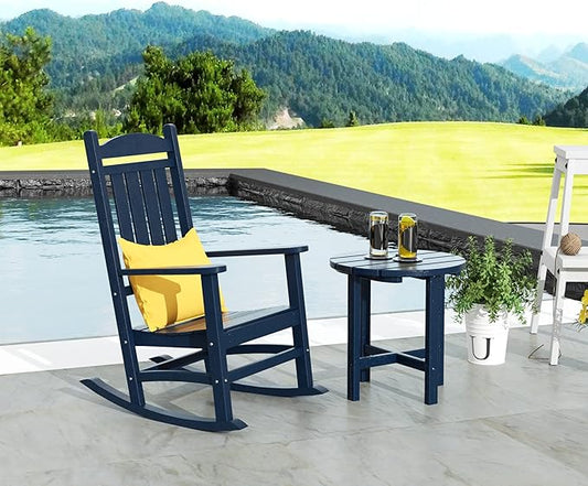 WestinTrends Malibu Malibu Outdoor Patio Porch Rocking Chair with Side Table Set, Navy Blue