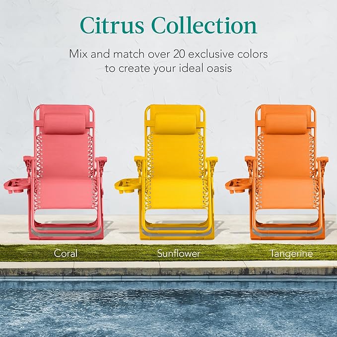Best Choice Products Adjustable Zero Gravity Chair, Monochromatic Color Folding Patio Recliner w/Side Tray, Headrest - Coral