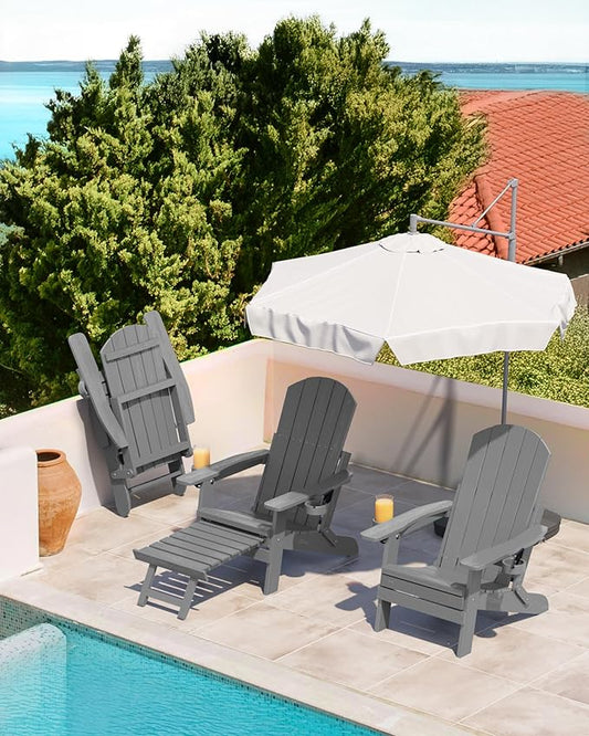 YEFU Folding Adirondack Chair Set of 4 with Footrest,Adjustable Adirondack Chair with Retractable Ottoman & 2 Cup Holder, 5-Level Adjustable Adirondacks Chairs, for Outdoor, Pool,Patio,Fire Pit (Grey)