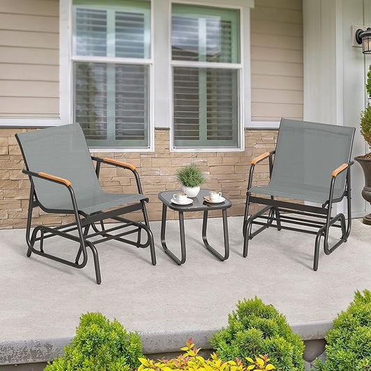 YITAHOME 3 Piece Patio Furniture Set, Outdoor Glider Chair Bistro Set, Coffee Table with Tempered Glass Tabletop, Patio Textilene Chairs Set of 2 for Backyard, Lawn, Garden, Balcony and Porch, Grey