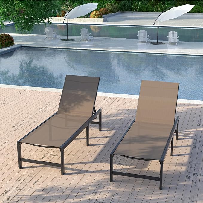UDPATIO Outdoor Chaise Chairs & Table 3 Pieces Pool Lounge Chair, Poolside Sunloungers Lay Flat Sunbathing Chaise with Adjustable Backrest for Patio, Beach, Yard, Pool