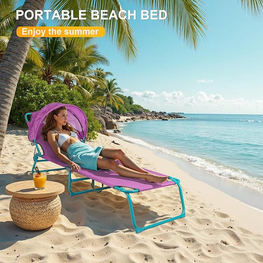 Northroad Beach Lounge Chair with Canopy Shade, Adjustable 4 Position Foldable Tanning Chair, Outdoor Heavy Duty Chaise Lounge Chair, for Poolside Patio Sunbathing Lawn, UPF 50+, Purple