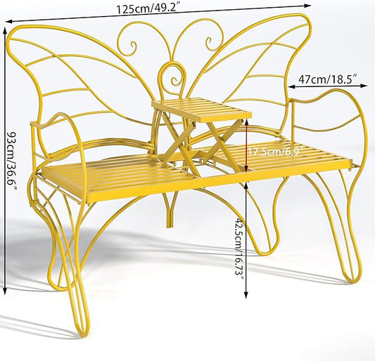 Outdoor Bench Patio Outdoor Garden Bench with Built-in Table, Butterfly Bench for Outside, 3 People Outdoor Bench Garden Bench Front Porch Furniture (Yellow, 49.2inch)