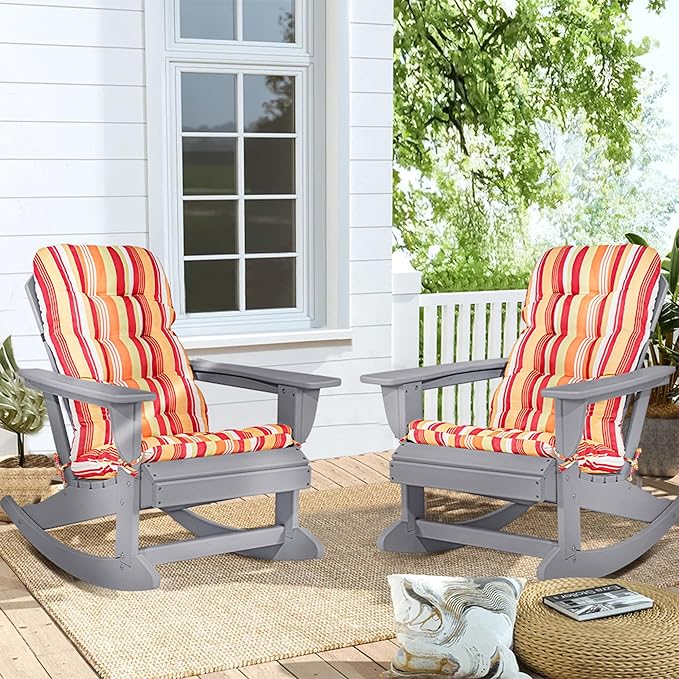 Sundale Outdoor Adirondack Rocking Chair with Cushion Set of 2, Patio Plastic All Weather HDPE Rocker for Proch, Water Resistant for Outside, Garden, Pool, Yard, Grey