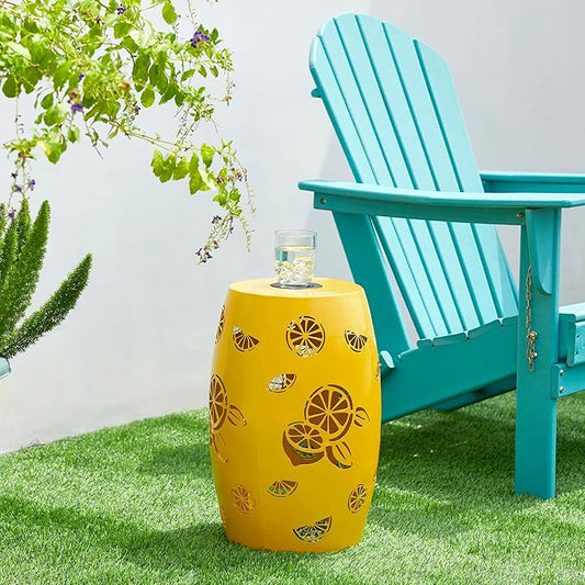 Glitzhome Set of 2 Outdoor Side Table with Lemon Pattern Solar Powered Light, 18.25" H Iron Cutout Drum Garden Stool Solar Decorative Lanterns, Metal End Table Plant Stand for Indoor Outdoor, Yellow