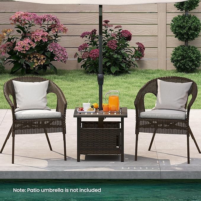 Tangkula Outdoor Table with Hole, Patio Umbrella Table with 2 Sand Bags, 1.93" Umbrella Hole, Metal Frame, PE Wicker, Outdoor Side Table for Garden, Deck and Poolside