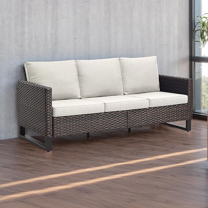 Rilyson Wicker Outdoor Couch Patio Sofa - 3 Seater Rattan Outdoor Patio Couch with Waterproof Wicker,Comfortable Cushions and Sturdy Metal Frame for Outside Porch Deck Backyard(Brown/Beige)