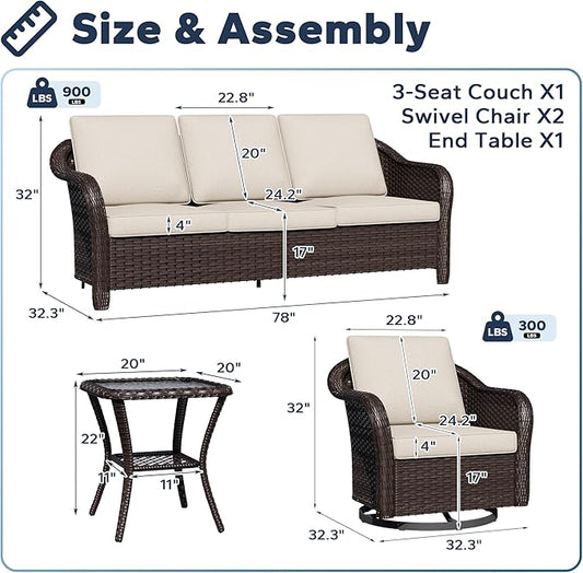 4 PCS Patio Conversation Set | 78" Couch, 2 Swivel Chairs, 1 Side Table, Outdoor Wicker Conversation Furniture with Removable Cushions for Bistro, Deck, Sunroom(Beige)