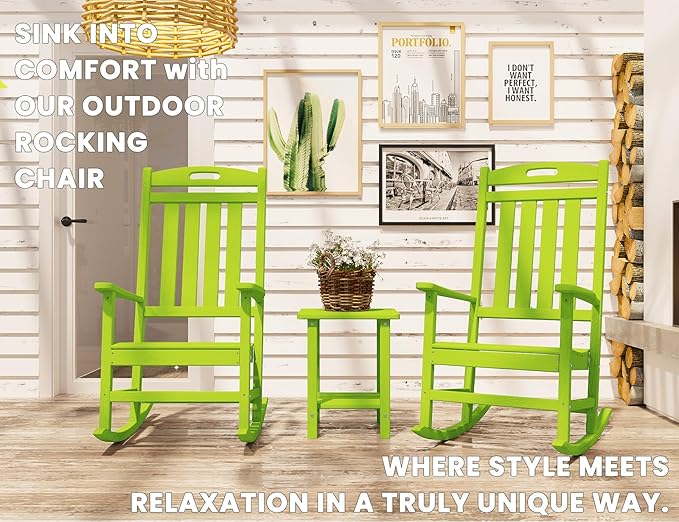 Outdoor Rocking Chair, High Back HDPE Patio Chair, All Weather Rocker Porch Chair, Lawn Chair for Deck, Porch, Backyard, Garden and Indoor, Lime
