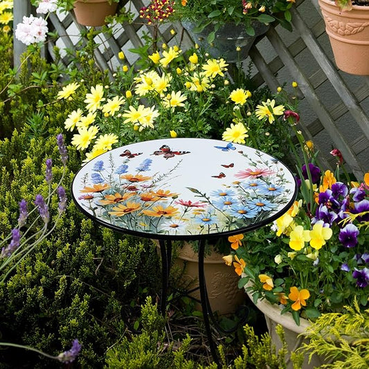 Outdoor Side Table, Flower & Butterfly Round Accent Table, Metal Indoor Small End Tables, 18" Plant Stand Tables for Patio Balcony Garden Bedside