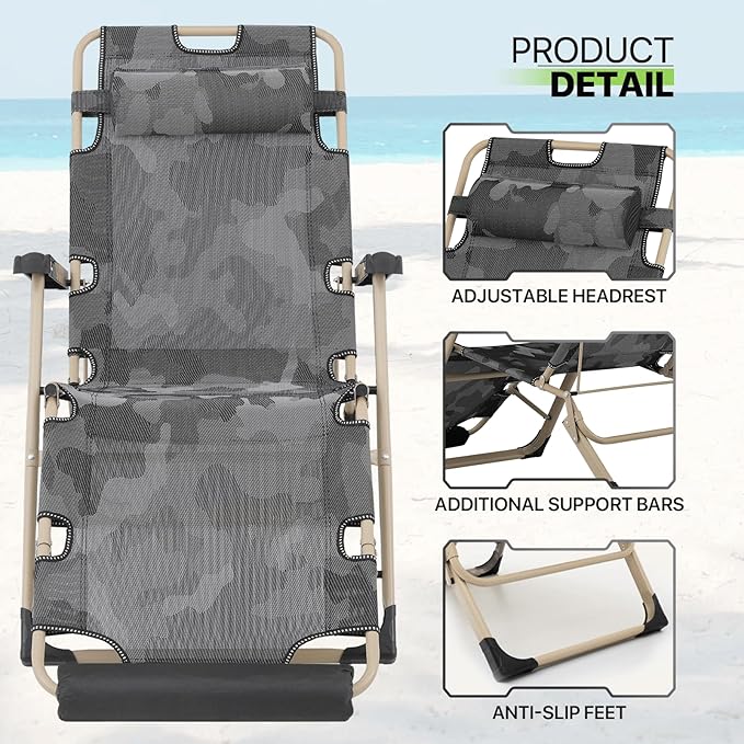 Magshion Folding Patio Chairs Set of 2, Outdoor Lounge Chair with Footrest, Folding Portable Outside Recliner Chair for Backyard, Beach, Camouflage
