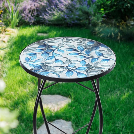 MUMTOP Side Patio Tables-Mosaic Outdoor Side Table - 14’’ Blue and Transparency Leaf Glass Accent Round EndTable, Plant Stand Indoor Small CoffeeTable for Garden or Living Room Decor