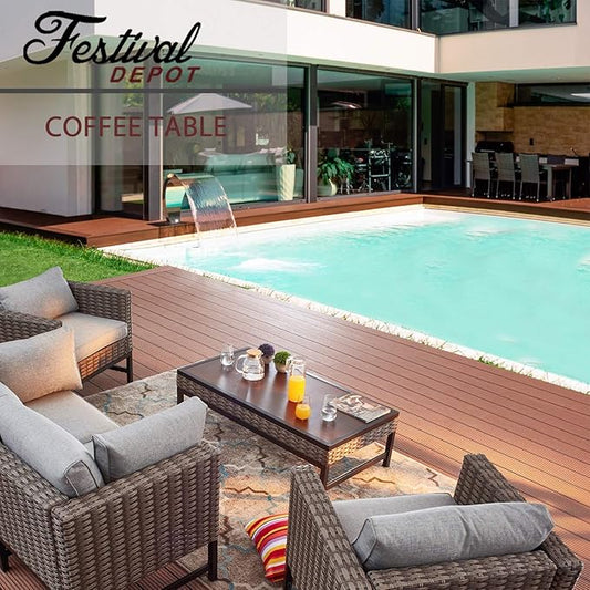Festival Depot Patio Table Rattan Woven Wicker Coffee Table with Aluminum Tabletop All Weather Outdoor Furniture for Backyard Porch Garden (H Shaped Leg),Brown