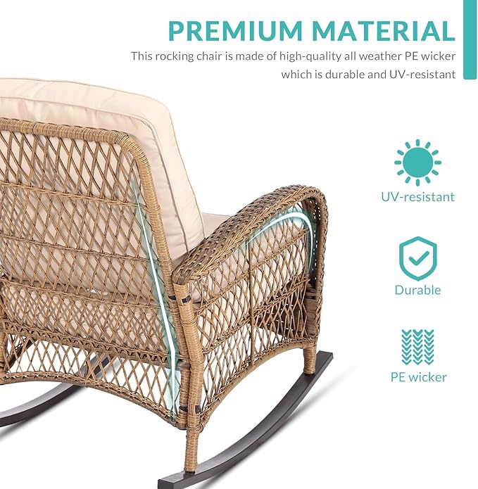 MEETWARM Outdoor Wicker Rocking Chairs Set of 2, Rattan Patio Rocker Chairs with Thick Cushions and High Back, All-Weather Patio Wicker Chair with Safe Rocking Design for Garden, Brown/Beige