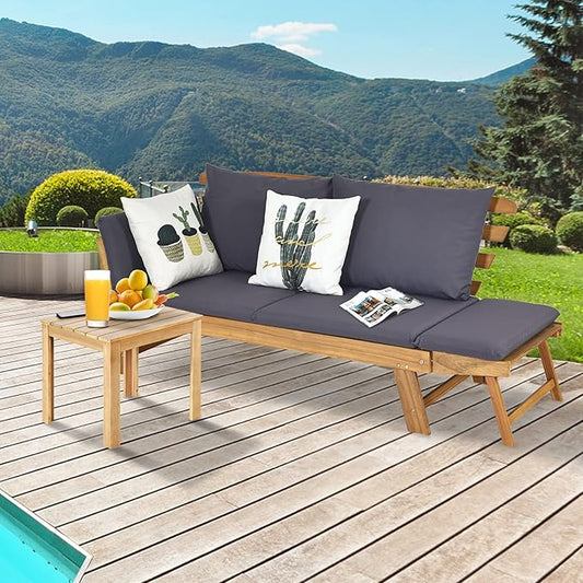 DORTALA Patio Convertible Couch Sofa Bed, Acacia Wood Daybed with Adjustable Armrest, Collapsible Chaise Lounge w/Cushions & Pillows, Grey