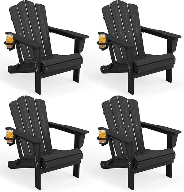 KINGYES Folding Adirondack Chair Set of 4, HDPE All-Weather Patio Chairs with Cup Holder - Photo 1