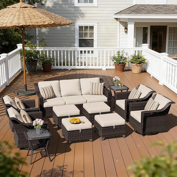 11 Pieces Patio Conversation Furniture Set - 1 Sofa, 4 Ottomans, 4 Swivel Chairs, 2 Side Tables - Photo 1