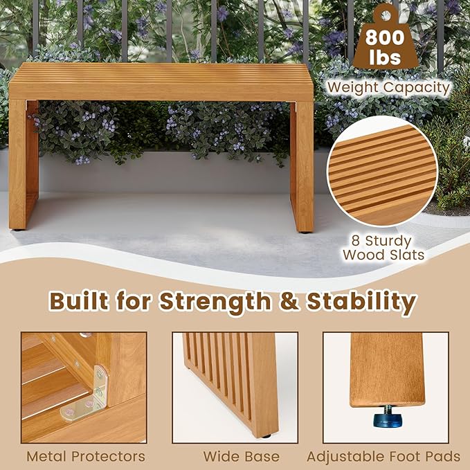 HAPPYGRILL Outdoor Acacia Wood Bench, Patio Bench with Slatted Seat & Metal Protectors, for Entryway Porch Backyard Park, 800 lbs (1)