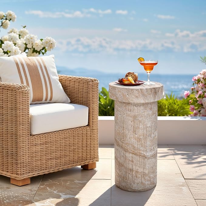 Side Table, 24" Pedestal End Table, 3-in-1 Durable Lightweight Round Coffee Table, Decorative Patio Accent Table Fluted Garden Stool Art Decor for Poolside, Balcony, Living Room, Beige