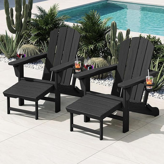 KINGYES Folding Adjustable Adirondack Chair with Retractable Ottoman, HDPE Recliner Adirondack Chair with Cup Holder, Black