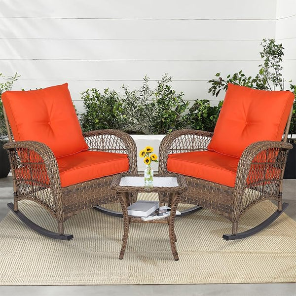 MEETWARM 3 Pieces Outdoor Wicker Rocking Chair Set - Photo 1