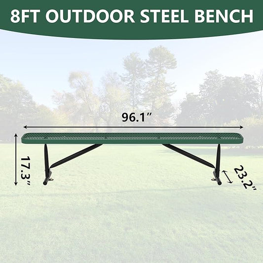 8 ft Outdoor Metal Park Bench, Backless Heavy-Duty Commercial Green Garden Bench with Expanded Steel Mesh Seat, Weatherproof Park Patio Dining Table Bench for Backyard Lawn School Porch Deck