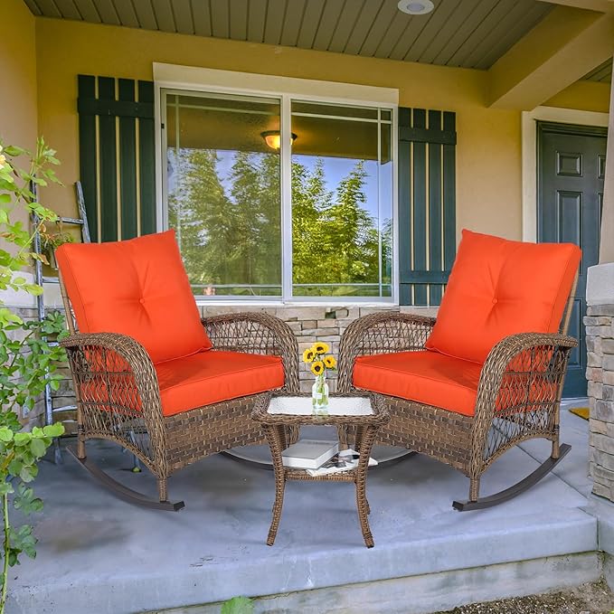 MEETWARM 3 Pieces Outdoor Wicker Rocking Chair Set, Rattan Patio Rocker Chairs Set with Cushions and Glass-Top Coffee Table, Conversation Bistro Set for Porch & Backyard - Orange