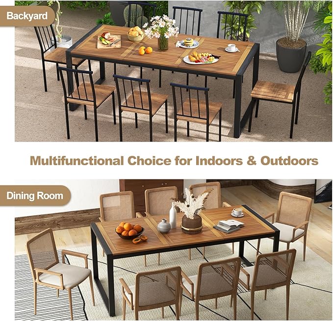 Tangkula 79 Inches Acacia Wood Outdoor Dining Table for 8, Large Rectangular Patio Table with 1.9" Umbrella Hole, Heavy Duty Metal Legs & Adjustable Foot Pads, Outside Table for Patio, Garden, Yard