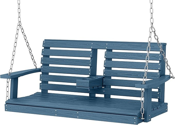 KINGYES Outdoor Hanging Porch Swing, 2 Seat Patio Swing Chair with Cup Holders - Photo 1