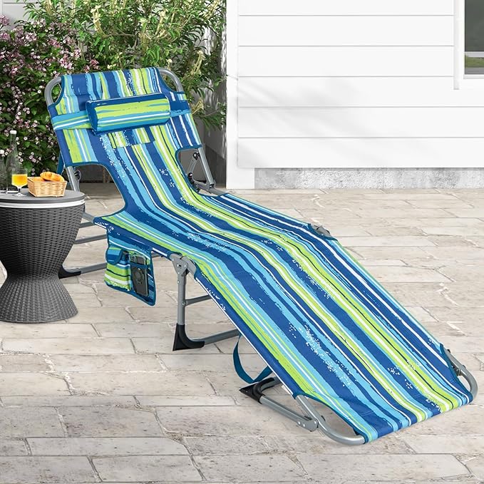 Goplus Tanning Chair, Folding Adjustable Patio Lounge Chair with Face Hole, Removable Pillow, 330LBS, Carry Strap, Outdoor Sunbathing Chair, Lightweight Portable Beach Lounge Chair, No Assembly