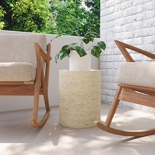 COSIEST Outdoor Side Table, Cylinder Shaped MgO Patio End Table, Lightweight Accent Table with Tray Top, Round Plant Stand Tool for Garden and Deck, Beige