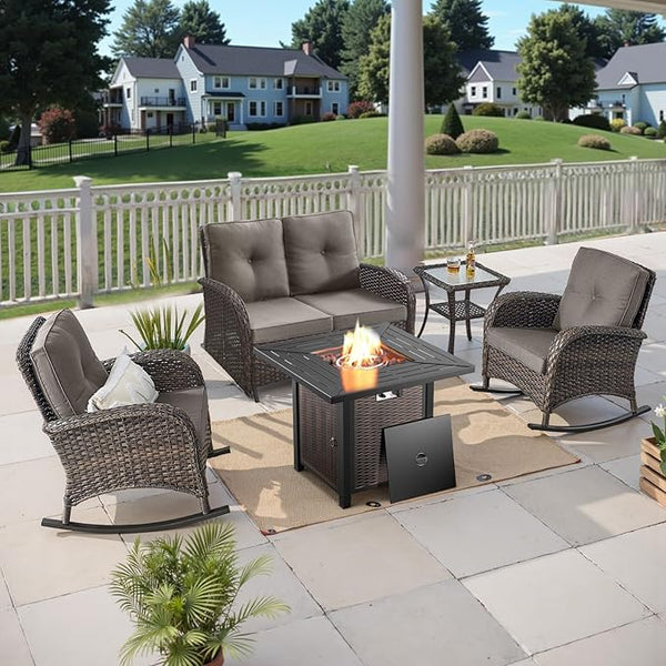 Belord 5 Pieces Patio Furniture Set with 50000 BTU Propane Fire Pit Table, All-Weather Patio Rocking Chairs - Photo 1