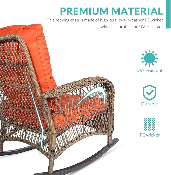 MEETWARM Outdoor Wicker Rocking Chair, Rattan Patio Rocker Chairs with Cushions and High Back, All-Weather Patio Wicker Chair with Safe Rocking Design for Garden Backyard Porch, Brown/Orange