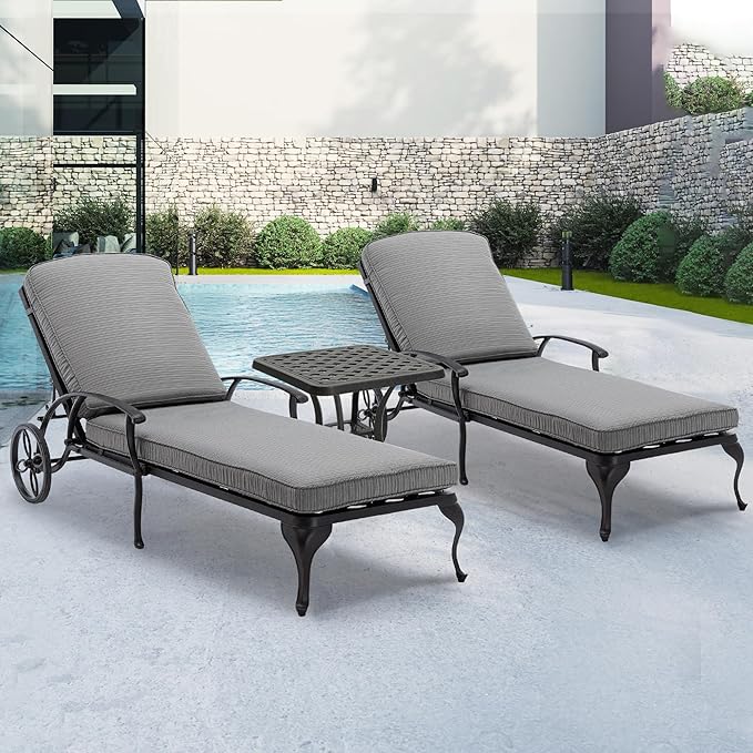 HOMEFUN Chaise Lounge Chair Outdoor - Poolside Chairs Set of 2 with Cushion and 1 Patio Side Table Cast Aluminum Waterproof Lounger with Wheels and Adjustable Reclining (Gray Cushion)