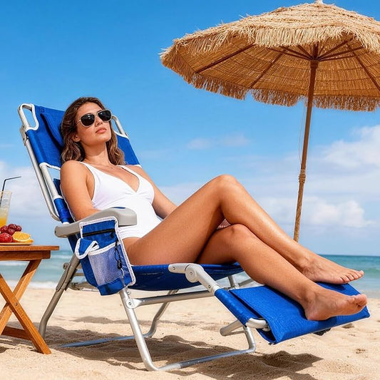 Romswi 3 in 1 Beach Chair with Face Hole, Reclining Sun Tanning Lounge Chair with Foot Rest, Cooler Bag & Cup Holder for Outdoor,Royal Blue