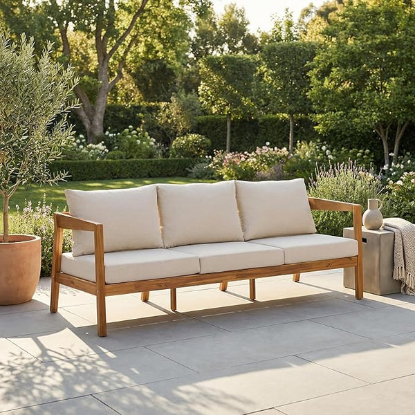 Merax 76.38" Acacia Solid Wood 3-Seater Outdoor Patio Sofa, Teak Finish with Beige Cushions - Photo 1