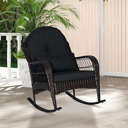 ORALNER Wicker Patio Rocking Chair, Outdoor PE Rattan Rocker with Seat and Back Cushion, Waist Pillow, Armrests, Garden Chair for Porch, Backyard, Poolside, Deck (1, Black)