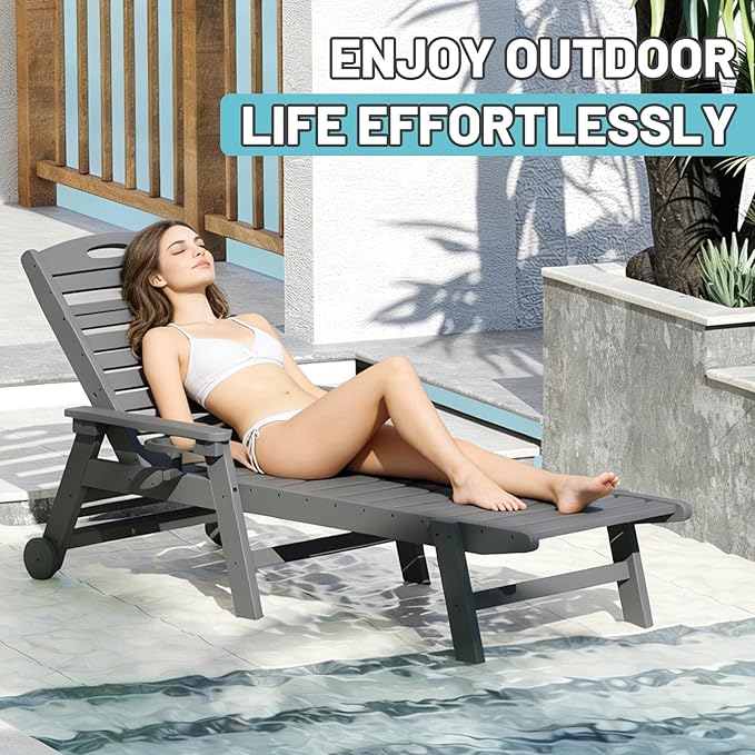 Outdoor Lounge Chairs, 78'' Long Patio Lounge Chair HDPE 5-Position Adjustable with Cup Holder & Rolling Wheels, Pool Lounge Chair for Sunbathing Tanning, Deck, Poolside -Grey
