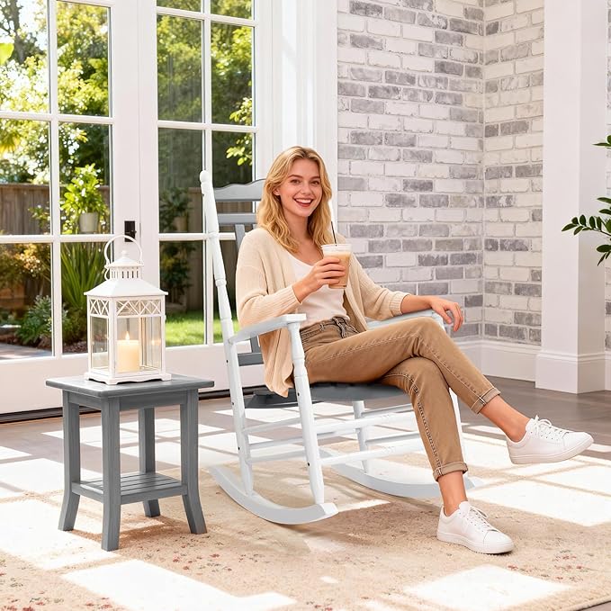 VINGLI Wooden Rocking Chair Outdoor, Patio Rockers with High Back, Support 450 LBS Rocking Chairs, for Porch, Patio, Balcony, Garden, Yard (White&Grey, 1 PC)