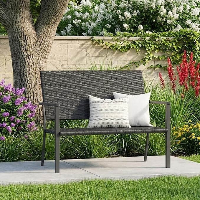 AECOJOY Outdoor Garden Bench, Weatherproof Wicker Outside Benches Clearance, Black Patio Loveseat with Backrest Armrests for Lawn Yard Porch Work Entryway (Black Rattan Back)