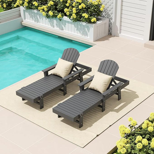 WestinTrends Dylan HDPE Outdoor Patio Poly Adirondack Reclining Chaise Lounge with Arms (Set of 2), Gray