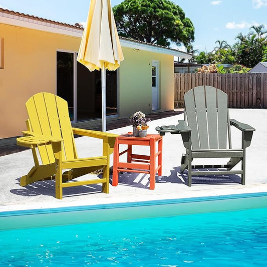 FOOWIN Adirondack Chair, HDPE Folding Adirondack Chair w/4 in 1 Cup Holder Trays,Weather Resistant Outdoor Chair, Fire Pit Chairs for Patio Lawn Garden Backyard Deck Yellow