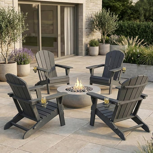 Kingdura Folding Adirondack Chairs Set of 4, Portable HDPE Outdoor Patio Chair with Wooden Textured & Cup Holder, Weather Resistant, 380LBS Capacity for Pool, Backyard, Balcony, Fire Pit (Grey)