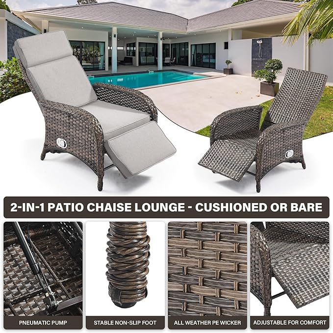 Belord 7 Piece Wicker Patio Furniture Set - 4 Adjustable Outdoor Recliner Chairs with 3 Side Table Patio Conversation Set,155° Lay Flat Chaise Lounge Chair Outdoor for Pool Deck Brown