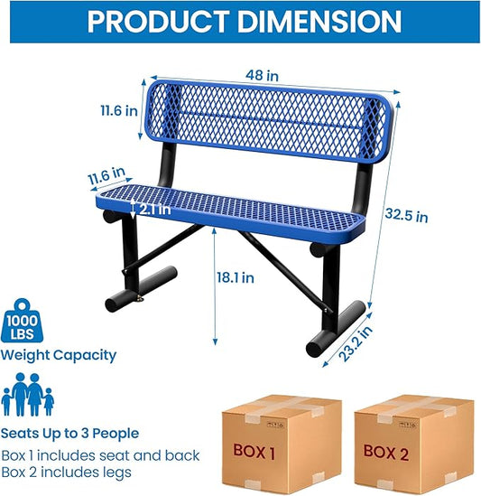 4 Feet Steel Park Bench for Outside, Outdoor Bench with Backrest & Portable Frame, Commercial Benches for Shopping Malls, Stores, Parks, Patios, Decks, Dark Blue