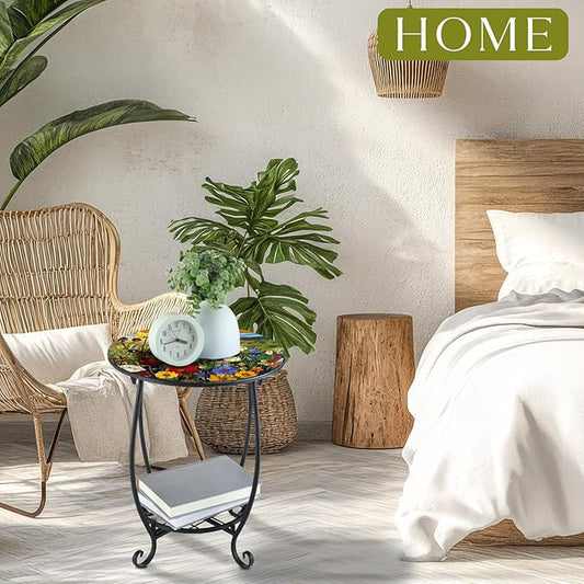 Outdoor Side Table Round Small Mosaic Patio Accent Indoor End Plant Coffee Tea Table for Yard Patio Porch Garden Living Room, Bedroom(Flower Style,14 Inch)