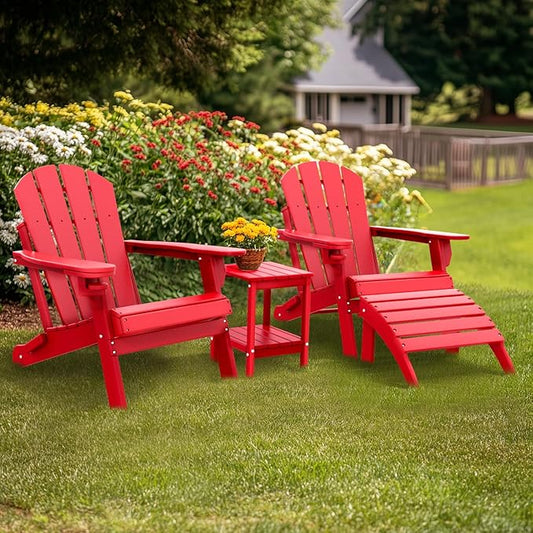 IVY&LANE Outdoor Adirondack Ottoman | Folding | Set of 2 | HDPE | Red | All Weather | Waterproof Patio Footrest for Adirondack Chair | Poly Lumber Foot Rest for Deck Backyard