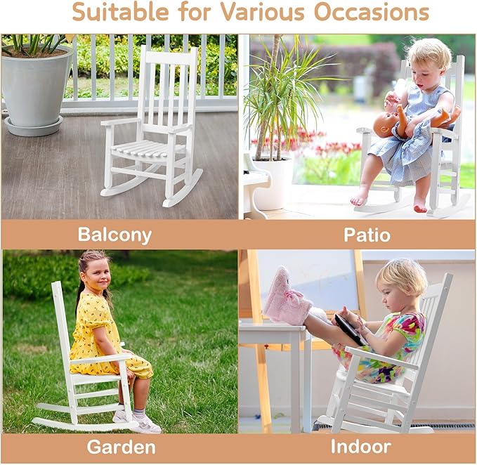 Outvita Wood Children's Rocking Chair, Perfect for Indoor or Outdoor All-Weather Wooden Porch Rocker for Garden, Yard, and Balcony, Patio Rocking Chair Suitable for Kids Ages 6-10(White)