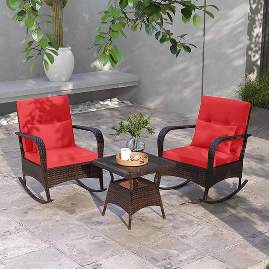 ORALNER 3 Pieces Patio Furniture Set, Outdoor Wicker Rocking Chairs with Cushions, Pillows, Glass Coffee Table, Rattan Bistro Rocker Set for Balcony Front Porch Poolside Garden Deck Yard (Red)